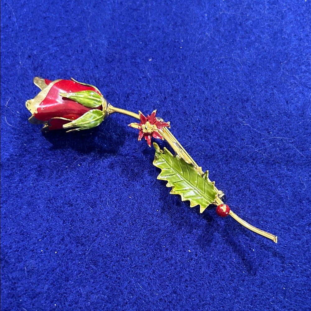 Elegant Red and Green Rose Brooch